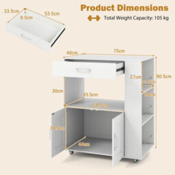 Costway Rolling Kitchen Island Mobile Kitchen Cart With Cabinet & Spice Racks-White - thumbnail 3