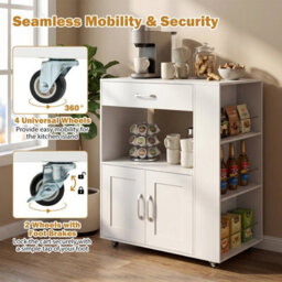 Costway Rolling Kitchen Island Mobile Kitchen Cart With Cabinet & Spice Racks-White - thumbnail 7