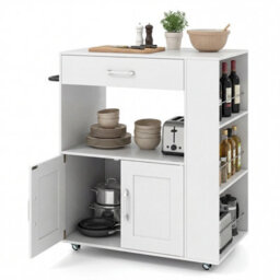 Costway Rolling Kitchen Island Mobile Kitchen Cart With Cabinet & Spice Racks-White - thumbnail 2