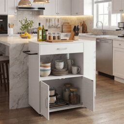 Costway Rolling Kitchen Island Mobile Kitchen Cart With Cabinet & Spice Racks-White - thumbnail 4