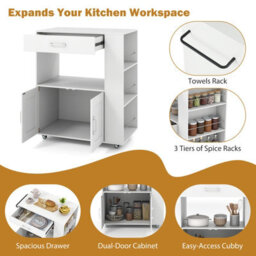 Costway Rolling Kitchen Island Mobile Kitchen Cart With Cabinet & Spice Racks-White - thumbnail 6
