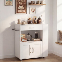 Costway Rolling Kitchen Island Mobile Kitchen Cart With Cabinet & Spice Racks-White - thumbnail 5