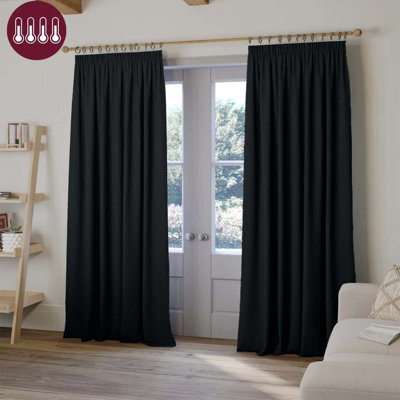 Oxford Homeware Plain Black 230Gsm Blackout Curtain Thermal Insulated Pencil Pleat Ready Made Curtain Pair (W)168Cmx(L)183Cm - image 1
