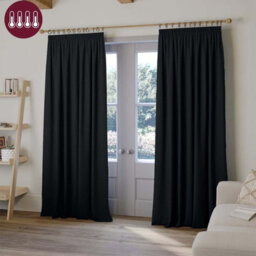 Oxford Homeware Plain Black 230Gsm Blackout Curtain Thermal Insulated Pencil Pleat Ready Made Curtain Pair (W)168Cmx(L)183Cm - thumbnail 1