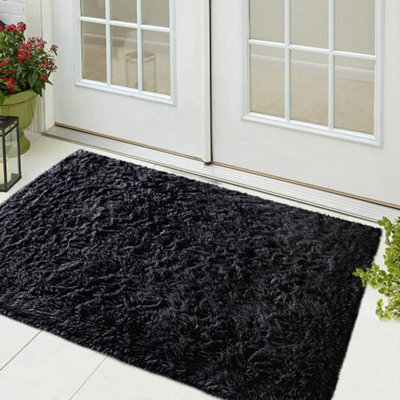 (Black, 50 X 80 Cm) Shaggy Rug Soft Non-Slip Bathmats Welcome Door Mat - image 1