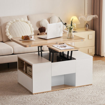 Btm Lift-Top Coffee Table With Storage, 2 Drawers, White & Oak, Living Room - image 1