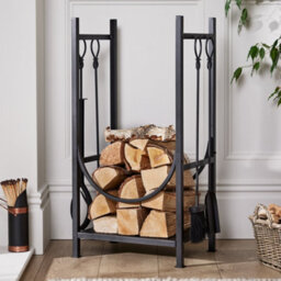 Dibor Contemporary Fireplace Freestanding Black Fireside Firewood Log Holder, Log Storage Rack With Companion Set - thumbnail 1