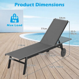 Costway Patio Sun Lounger Chair With Wheels Outdoor Recliner-Grey - thumbnail 2