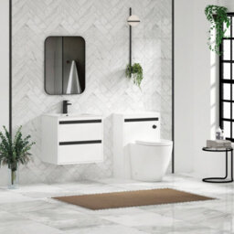 Royal Bathrooms Orion 600mm Matt White 2 Drawer Wall Hung Bathroom Vanity Unit With Carrara White Basin & Black Accent Trim - thumbnail 3