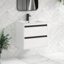 Royal Bathrooms Orion 600mm Matt White 2 Drawer Wall Hung Bathroom Vanity Unit With Carrara White Basin & Black Accent Trim - thumbnail 6