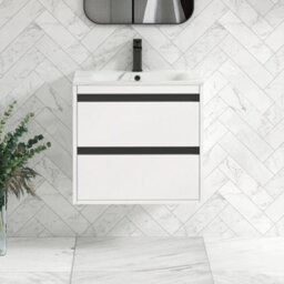 Royal Bathrooms Orion 600mm Matt White 2 Drawer Wall Hung Bathroom Vanity Unit With Carrara White Basin & Black Accent Trim - thumbnail 1