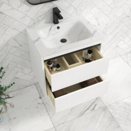 Royal Bathrooms Orion 600mm Matt White 2 Drawer Wall Hung Bathroom Vanity Unit With Carrara White Basin & Black Accent Trim - thumbnail 4
