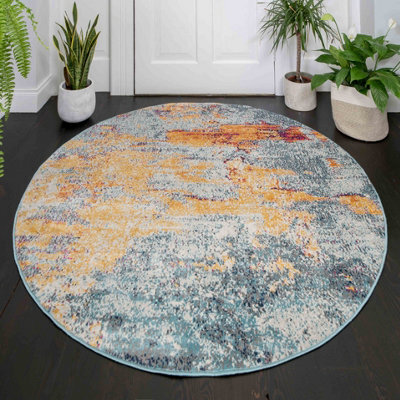 Loomed Navy Blue Ochre Multicolour Distressed Abstract Round Circlular Rug 120Cm Diameter - image 1