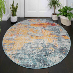 Loomed Navy Blue Ochre Multicolour Distressed Abstract Round Circlular Rug 120Cm Diameter - thumbnail 1