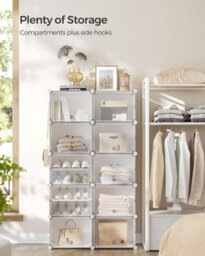 Songmics Spacious Shoe Cabinet, Modular Plastic Storage, Interlocking Organizer With Doors, Steel Frame, White - thumbnail 3