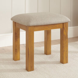 The Furniture Market Rustic Oak Dressing Table Stool Solid Oak, Comfortable Natural Fabric Upholstered Seat, Chunky Legs, Timeless Design