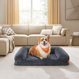 Songmics Plush Large Dog Bed, Orthopedic Pet Sofa With Foam, Washable Cover, Medium Dogs, Dark Grey - thumbnail 1