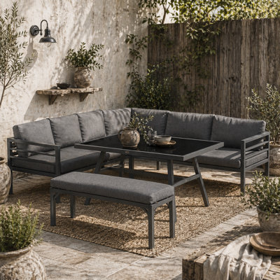 Wyld Haus Rovama 8-Seater L-Shaped Garden Furniture Set - 2X 3-Seater Sofas, Bench, Rectangular Dining Table - image 1