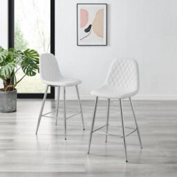 Furniturebox Corona 2X White Faux Leather Silver Legs Bar Stools - Breakfast Bar Stools - Kitchen Bar Stools - Bar Chairs - thumbnail 2