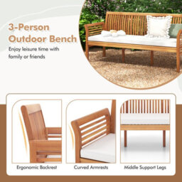 Gainoom 159Cm Garden Bench 3-Person Porch Bench W/ Curved Armrests & Seat Cushion - thumbnail 8