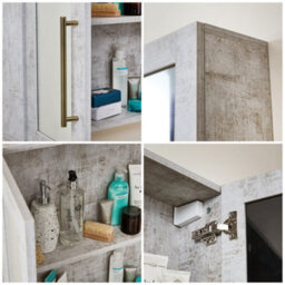 Homestylestore 900 X 650mm Concrete Grey Wall Mounted Mirrored Door Bathroom Cabinet And Aged Gold T Bar Handles - thumbnail 3