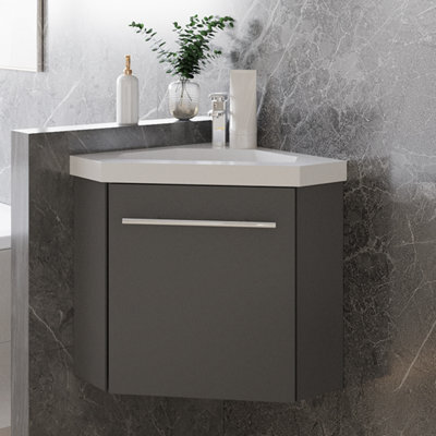 Sline 395mm Matte Anthracite Bathroom Vanity Unit With Integrated Sink, 1 Door Soft-Close Place In The Corner - image 1