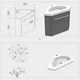 Sline 395mm Matte Anthracite Bathroom Vanity Unit With Integrated Sink, 1 Door Soft-Close Place In The Corner - thumbnail 2