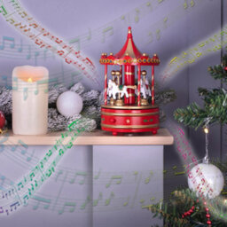 Red & Gold Wooden Carousel Music Box Christmas Decoration - Fully Mechanical Rotating Festive Xmas Go Round Ornament - thumbnail 2