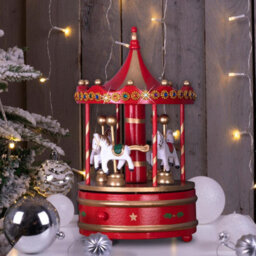 Red & Gold Wooden Carousel Music Box Christmas Decoration - Fully Mechanical Rotating Festive Xmas Go Round Ornament - thumbnail 1