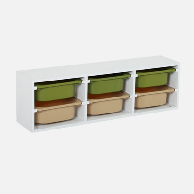 Sweeek - Children's Storage Unit With 6 Plastic Bins White Olive Green/taupe 97.5X21X29.4 Cm - Sora - image 1