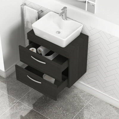 Royal Bathrooms 600mm Wall Hung Vanity Unit 2 Drawer Hale Black & Cube Countertop Basin - image 1