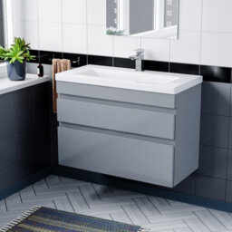 Nes Home 800mm Wall Hung Grey Basin Vanity Cabinet Unit 2 Drawers - thumbnail 1