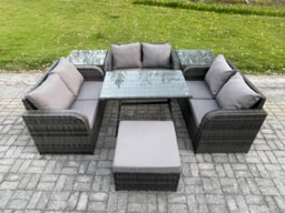 Fimous Rattan Garden Furniture Set 7 Seater Patio Outdoor Love Sofa Set With Rectangular Dining Table Dark Grey Mixed - thumbnail 1