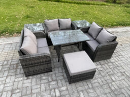 Fimous Rattan Garden Furniture Set 7 Seater Patio Outdoor Love Sofa Set With Rectangular Dining Table Dark Grey Mixed - thumbnail 2