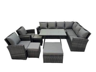 Fimous 11 Seater Garden Outdoor Rattan Furniture Set Rattan Corner Sofa Oblong Dining Table With 2 Armchairs 3 Footstool Dark Grey - image 1