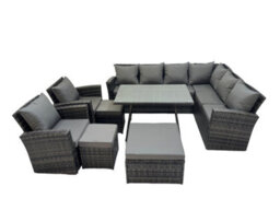 Fimous 11 Seater Garden Outdoor Rattan Furniture Set Rattan Corner Sofa Oblong Dining Table With 2 Armchairs 3 Footstool Dark Grey - thumbnail 1