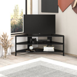 "Decortie Thales Corner Tv Stand For 32"" Tvs With Open Shelves & Soft Rounded Edge 110Cm Modern Multimedia Console, Black" - thumbnail 3