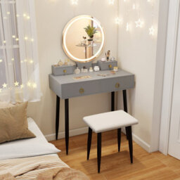 Costway Makeup Vanity Desk With Lighted Mirror Modern Dressing Table-Grey - thumbnail 6