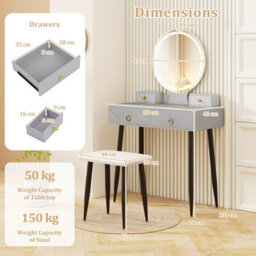 Costway Makeup Vanity Desk With Lighted Mirror Modern Dressing Table-Grey - thumbnail 3