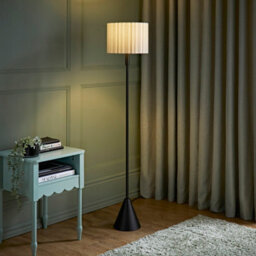 Valuelights Mitch Black Triangle Floor Lamp With Linen Stripe Shade And Led Bulb - thumbnail 1