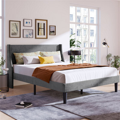 Abrihome Velvet Grey 4Ft6 Double Bed With Winged Headboard & Wooden Slats - image 1