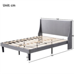 Abrihome Velvet Grey 4Ft6 Double Bed With Winged Headboard & Wooden Slats - thumbnail 7
