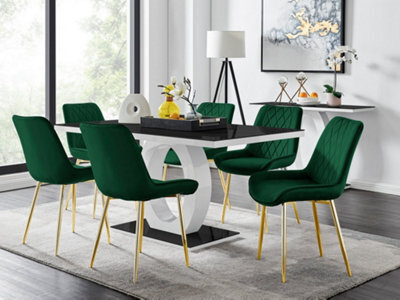 Furniturebox Giovani Rectangular 6 Seat White High Gloss Unique Halo Base Dining Table Black Glass Top 6 Green Velvet Gold Leg Pesaro Chairs - image 1
