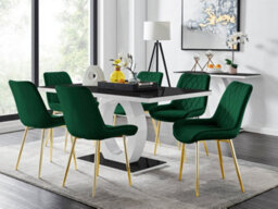 Furniturebox Giovani Rectangular 6 Seat White High Gloss Unique Halo Base Dining Table Black Glass Top 6 Green Velvet Gold Leg Pesaro Chairs