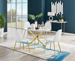 Furniturebox Uk Novara White Marble Gold Leg Round Dining Table & 4 White Corona Gold Leg Chairs