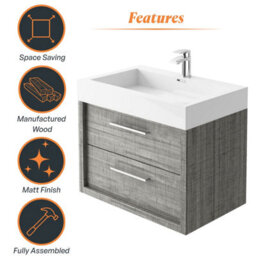 Plum&clay Walter Grey Wood Wall Hung Bathroom Vanity Unit With Polymarble Resin Basin (W)750mm - thumbnail 7