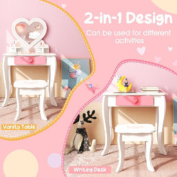Costway 2-In-1 Kids Vanity Set Pretend Makeup Table & Chair Set W/ Heart-Shaped Mirror - thumbnail 3
