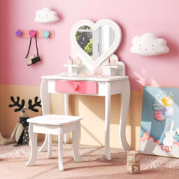 Costway 2-In-1 Kids Vanity Set Pretend Makeup Table & Chair Set W/ Heart-Shaped Mirror - thumbnail 9