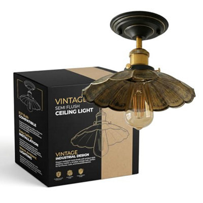 Industrial-Semi Flush Mount E27 Base Brushed Brass Ceiling Light Metal 22Cm Umbrella Lampshade Lighting For Farmhouse - image 1
