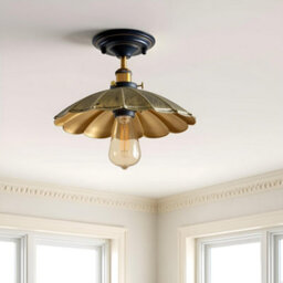 Industrial-Semi Flush Mount E27 Base Brushed Brass Ceiling Light Metal 22Cm Umbrella Lampshade Lighting For Farmhouse - thumbnail 8